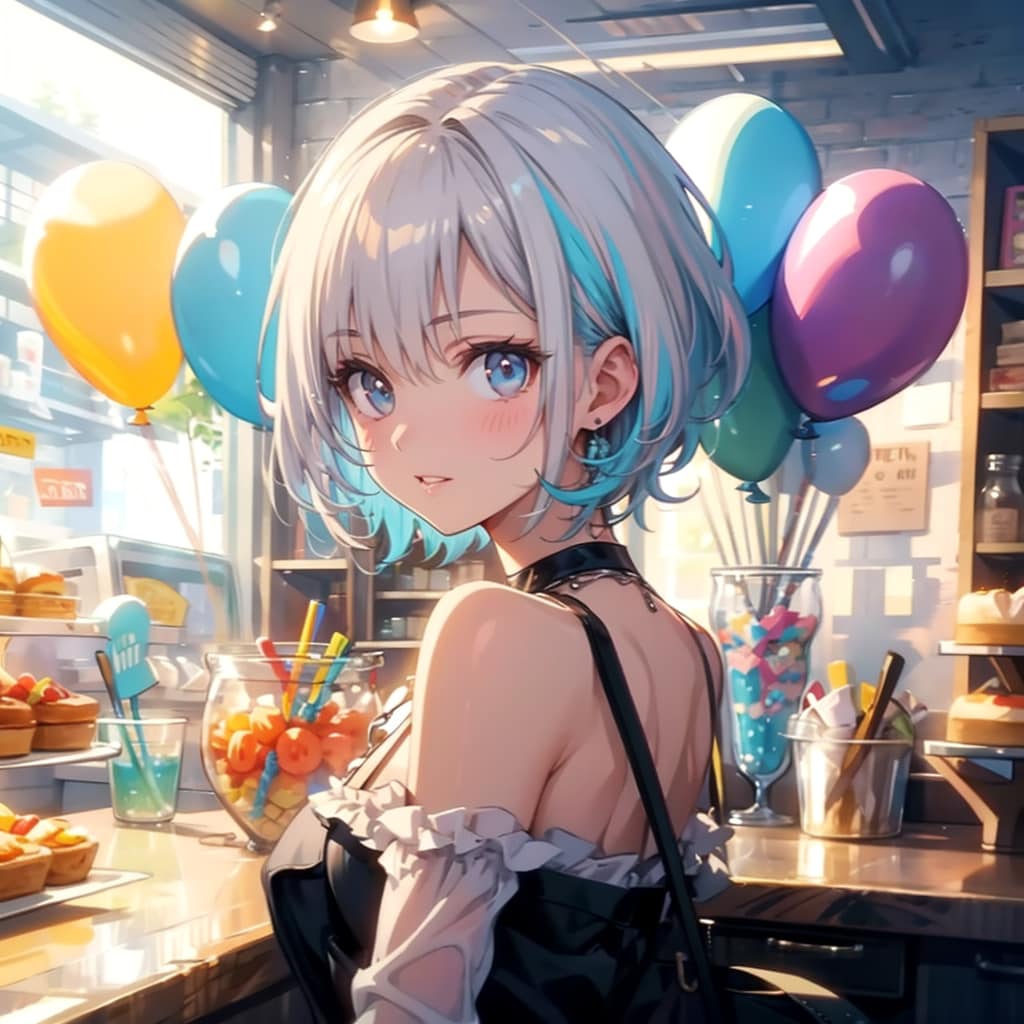 いっぱい色とりどりの風船を持つ白い髪ショートカットのケーキ屋さんの美女 | の人気AIイラスト・グラビア