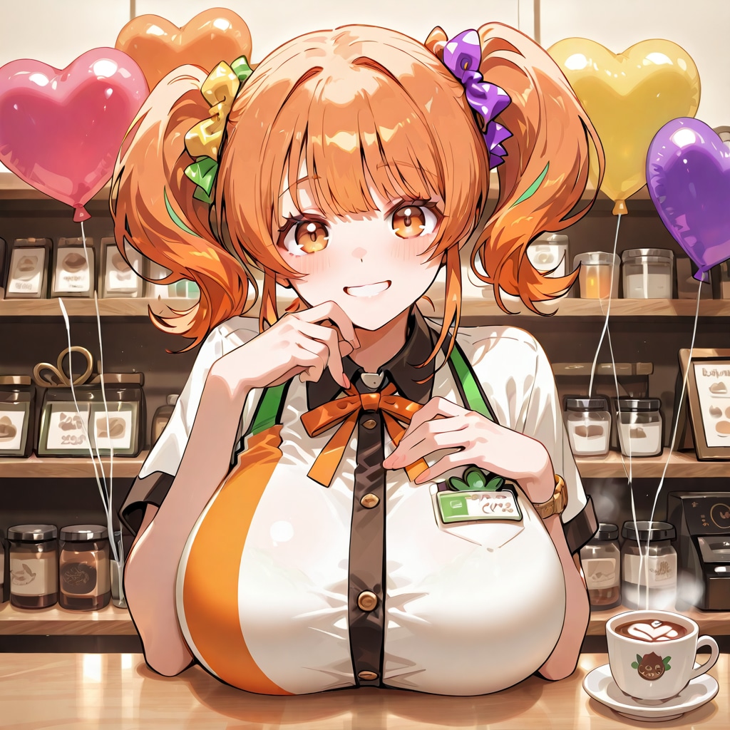 いっぱい色とりどりの風船を持つオレンジ髪ツインテールの喫茶店の美女店員さん