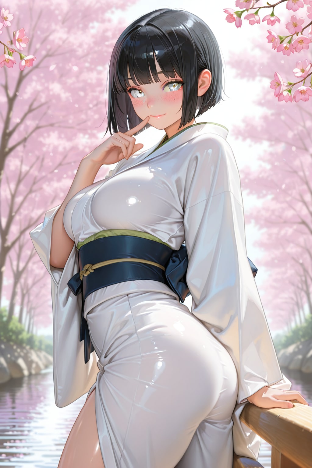 桜並木と和服のそばかすボブちゃん