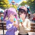アトラクションを楽しんだ絵梨奈ちゃんと芹奈さん❗アイスクリームを食べてひと休み❤ 2枚目