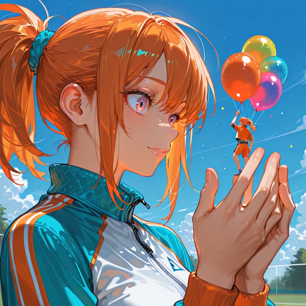 色とりどりの風船を持つオレンジ髪ポニーテールのテニスウェア着た美女