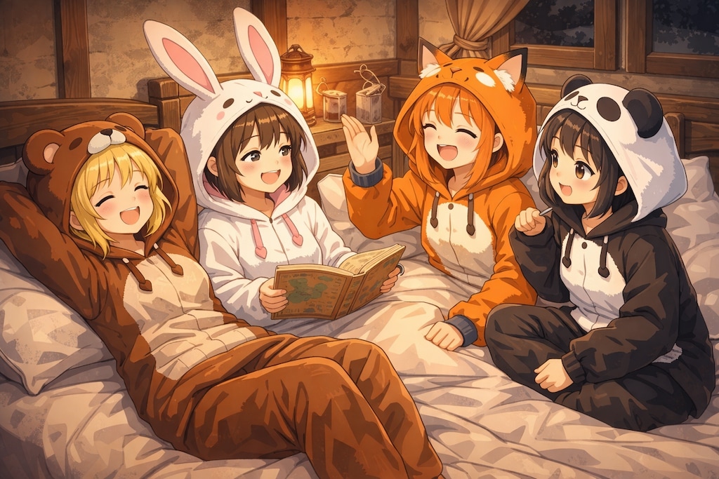 【All0407c】冒険者宿屋に泊まり、ベッドの上で今日の冒険の反省会（モデル: ChatGPT）