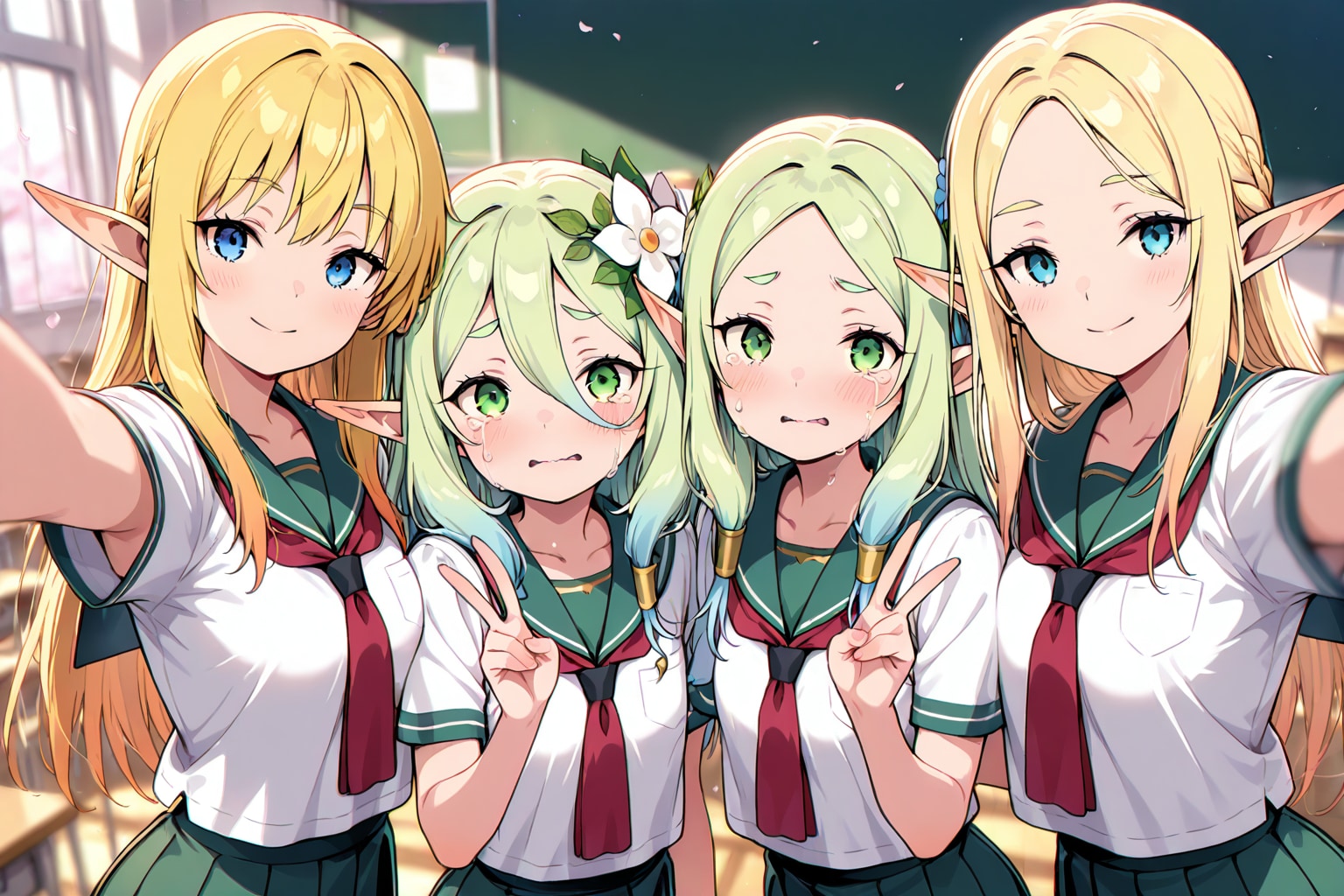 学生生活の最後に友達と教室で写真を撮るエルフの女の子 | の人気AIイラスト・グラビア