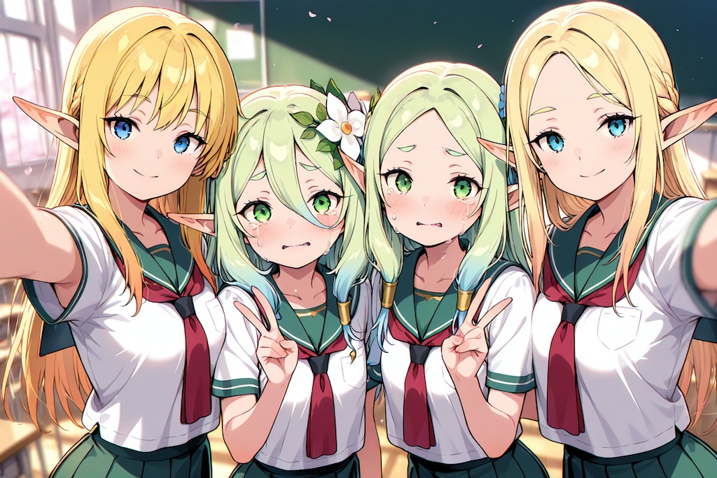 学生生活の最後に友達と教室で写真を撮るエルフの女の子