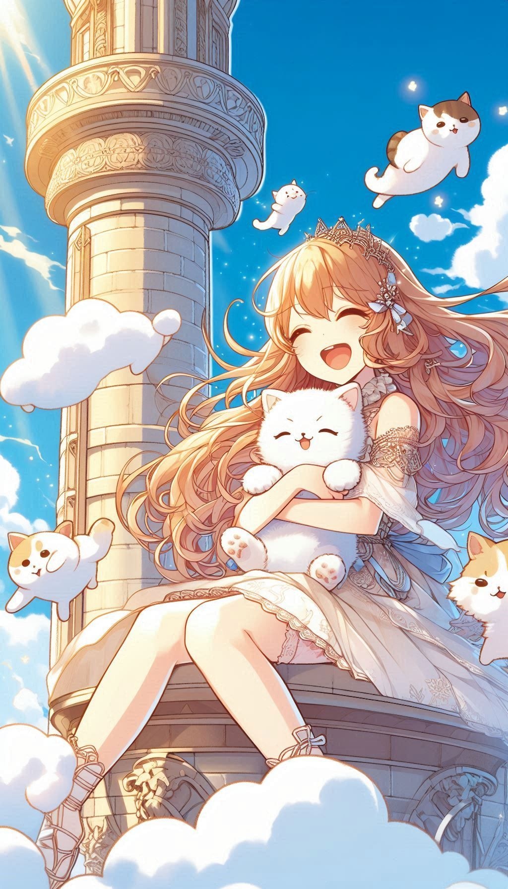 塔の上で猫だっこ