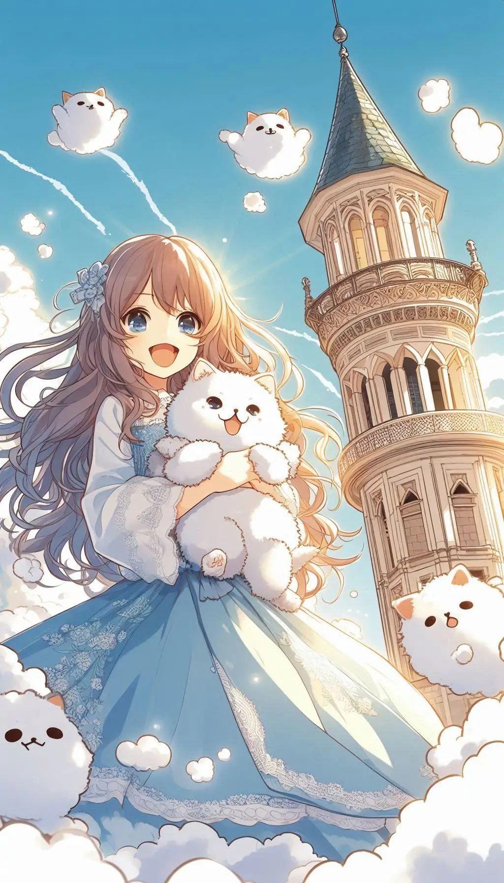 塔の上で猫だっこ