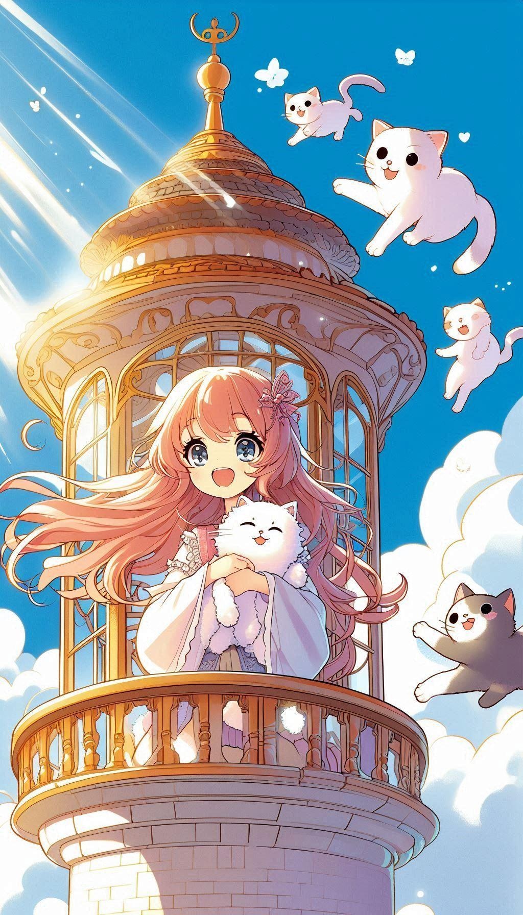 塔の上で猫だっこ