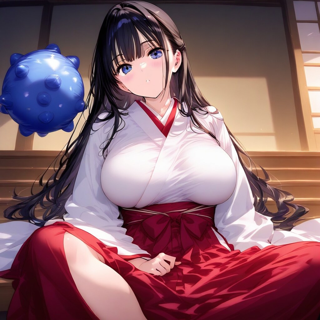 部屋の中で青い風船を膨らませて遊ぶ巫女服の美女