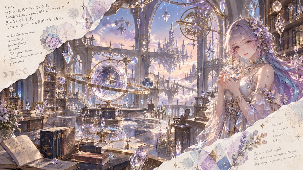 Lumina Astra  Set within a breathtaking celestial observatory garden filled with shimmering crystals