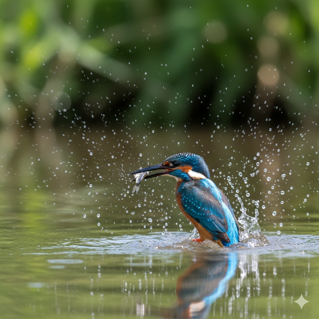 「カワセミ」が小魚を捕食した瞬間を描く。