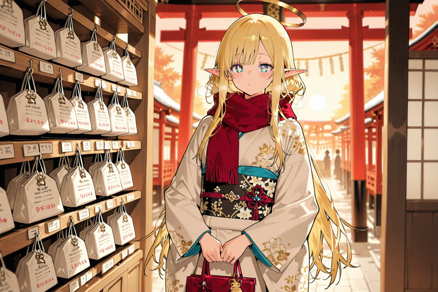 初詣でお守りを買うエルフの女の子