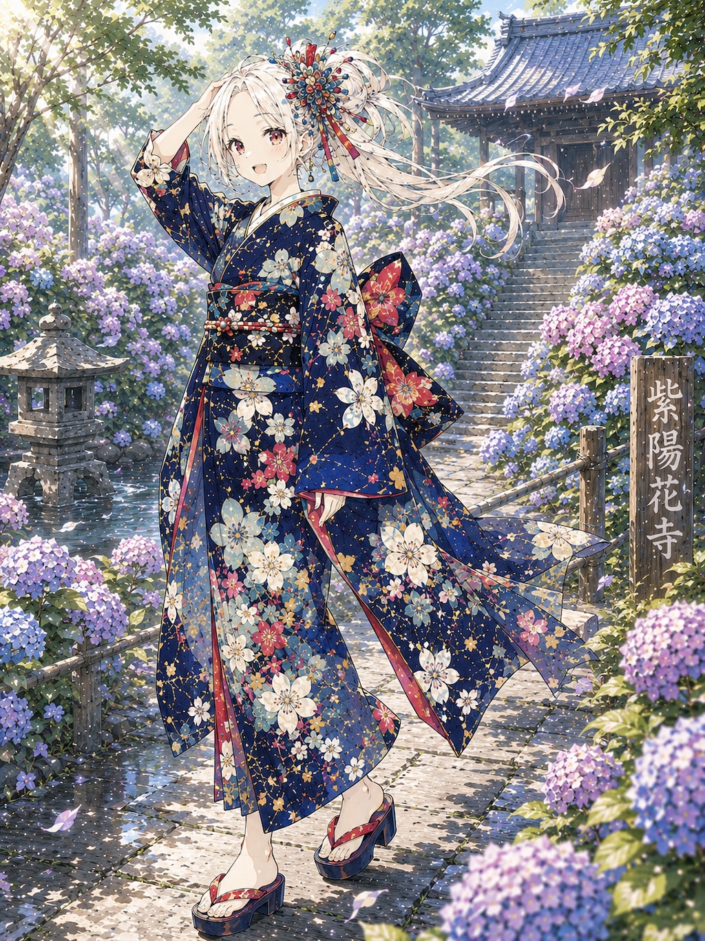 紫陽花参道をゆく白花の姫