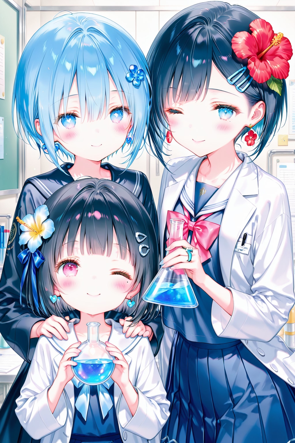 学校のサイエンス授業に年上の先輩と合同でお勉強する美希ちゃん❤️ | の人気AIイラスト・グラビア