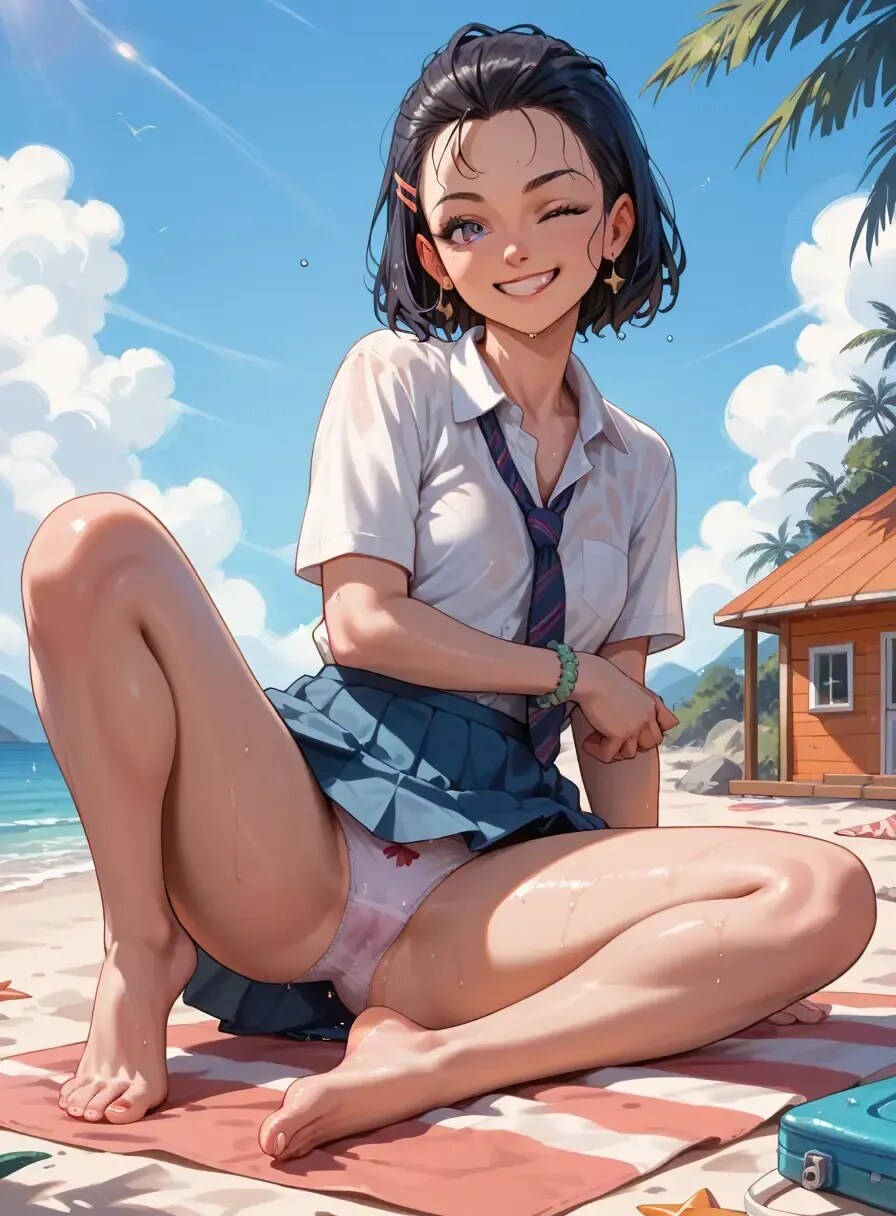 制服のまま海で水遊び