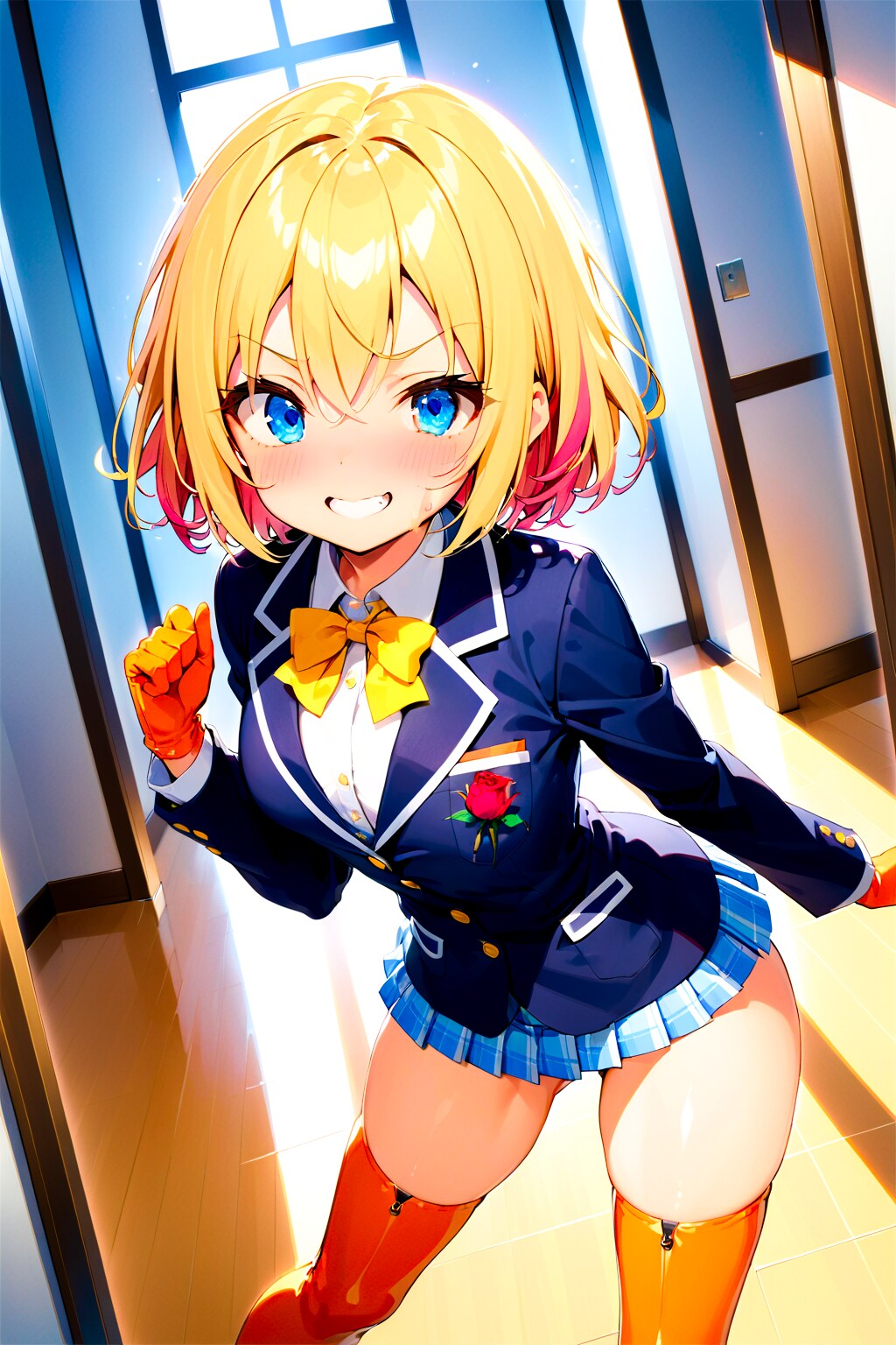 制服姿の正義の競泳水着ヒロインちゃん！