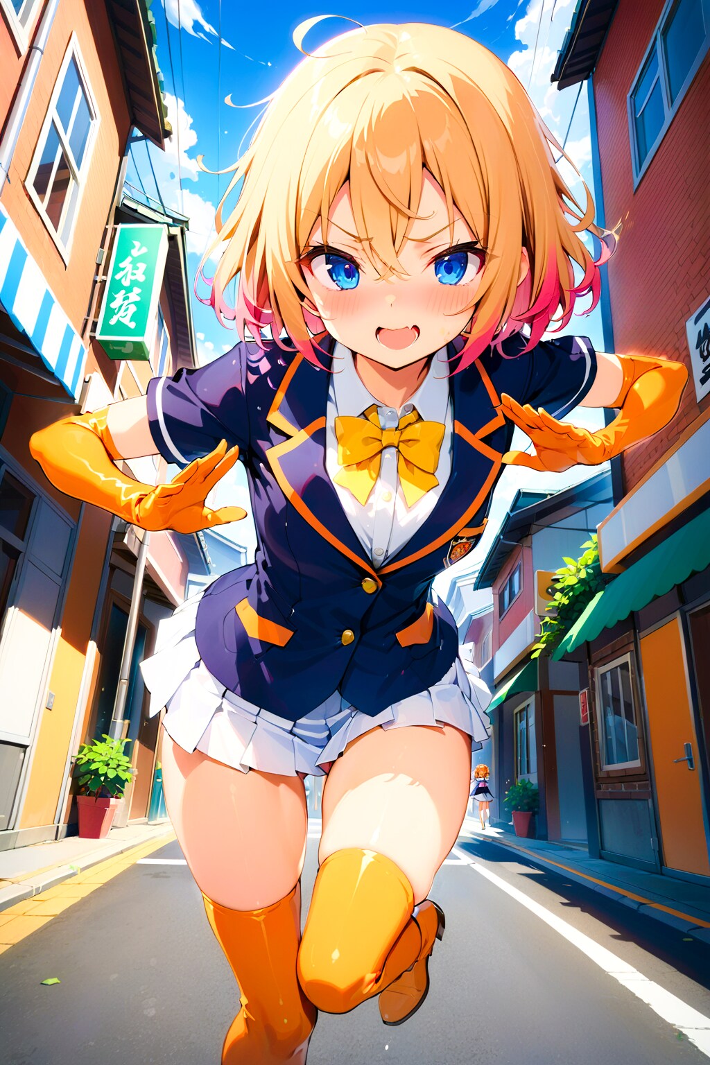 制服姿の正義の競泳水着ヒロインちゃん！