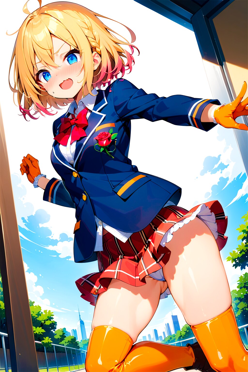 制服姿の正義の競泳水着ヒロインちゃん！