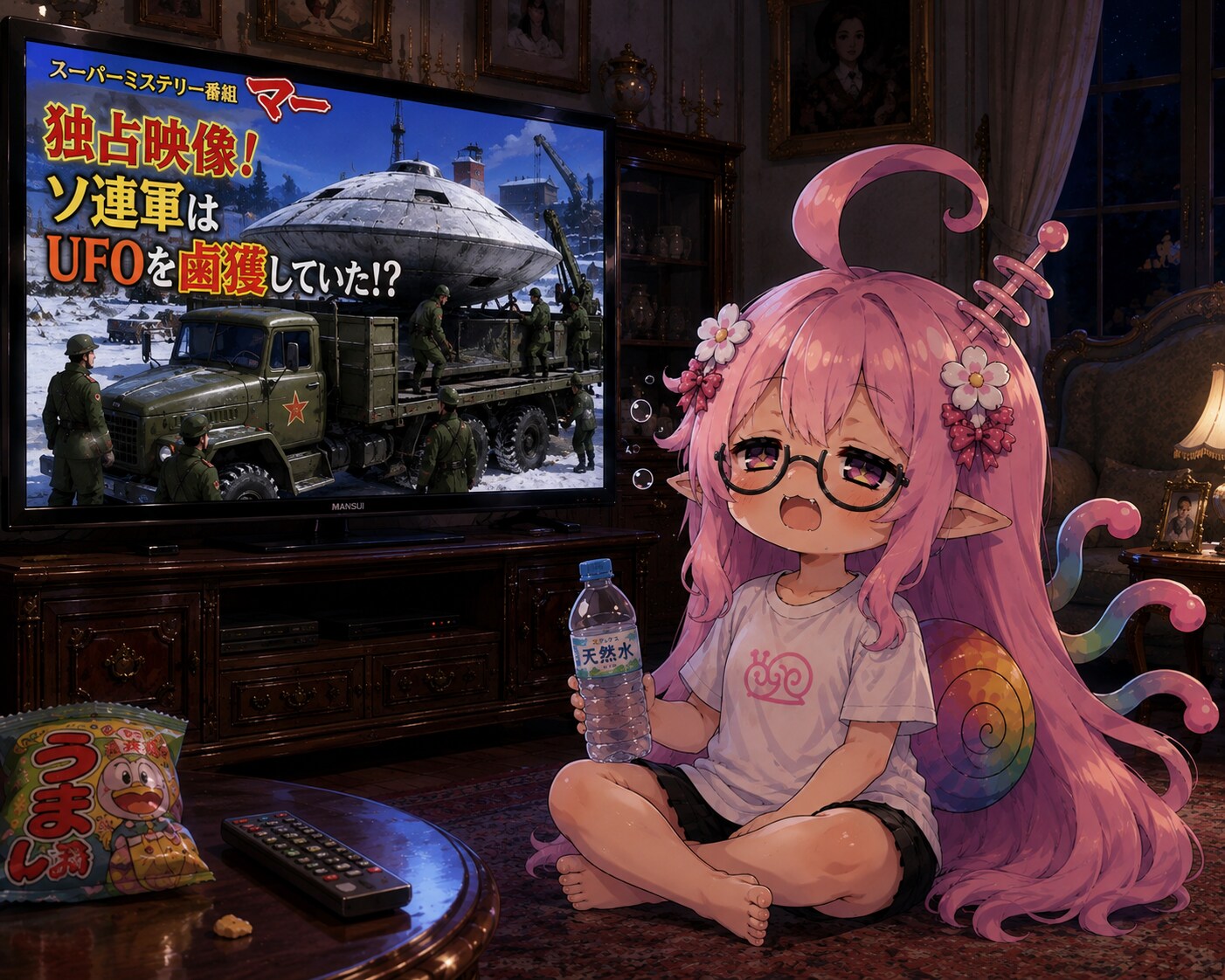 深夜番組を見るアホ毛ピンク | の人気AIイラスト・グラビア