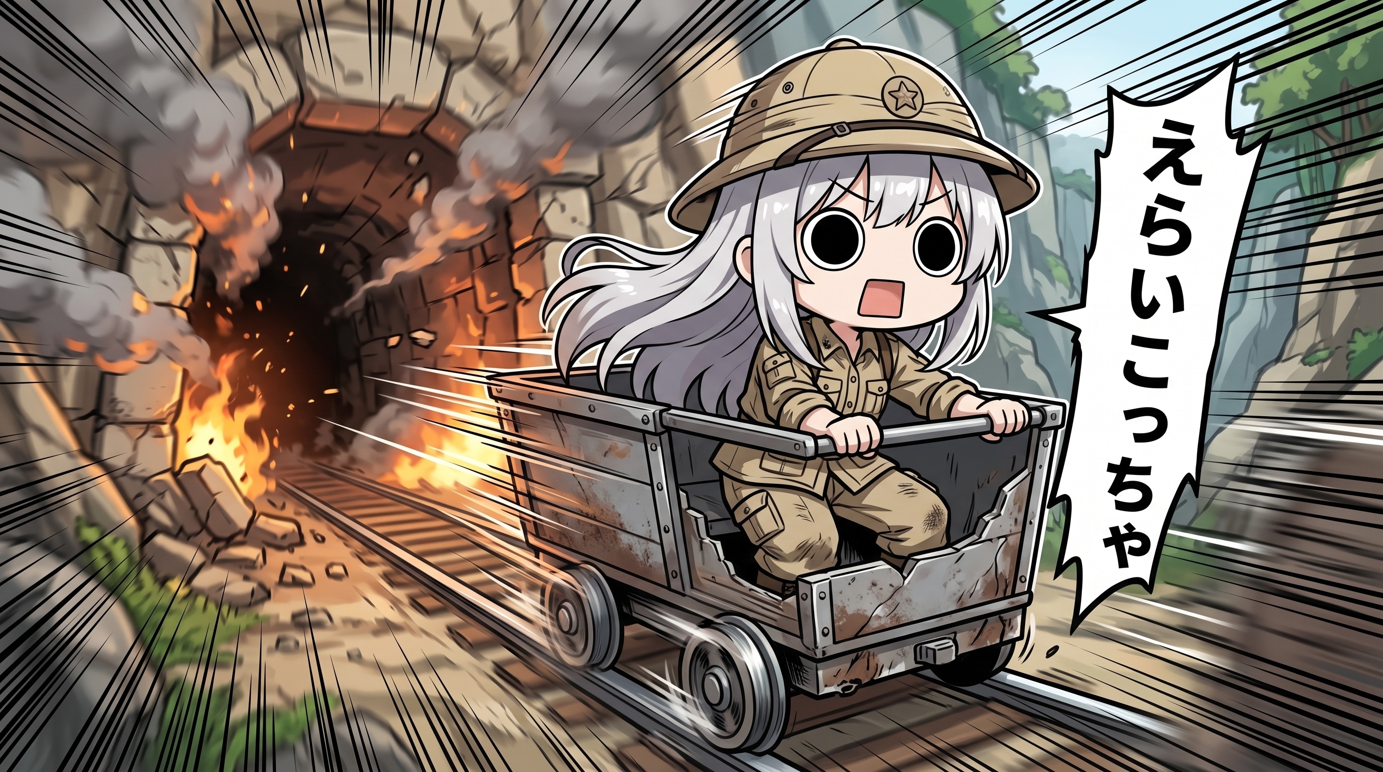 爆発する遺跡からトロッコ脱出成功えらいこっちゃ嬢 | の人気AIイラスト・グラビア