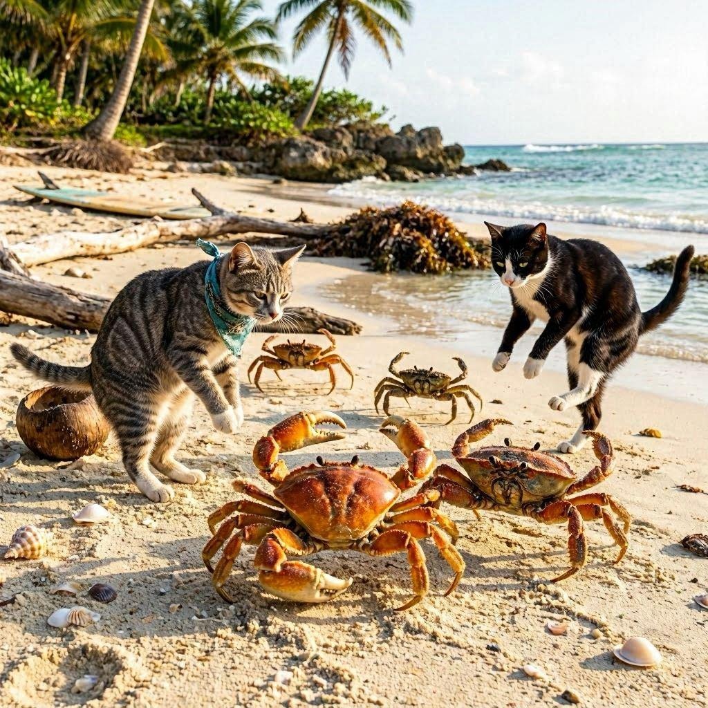 カニと出会う猫