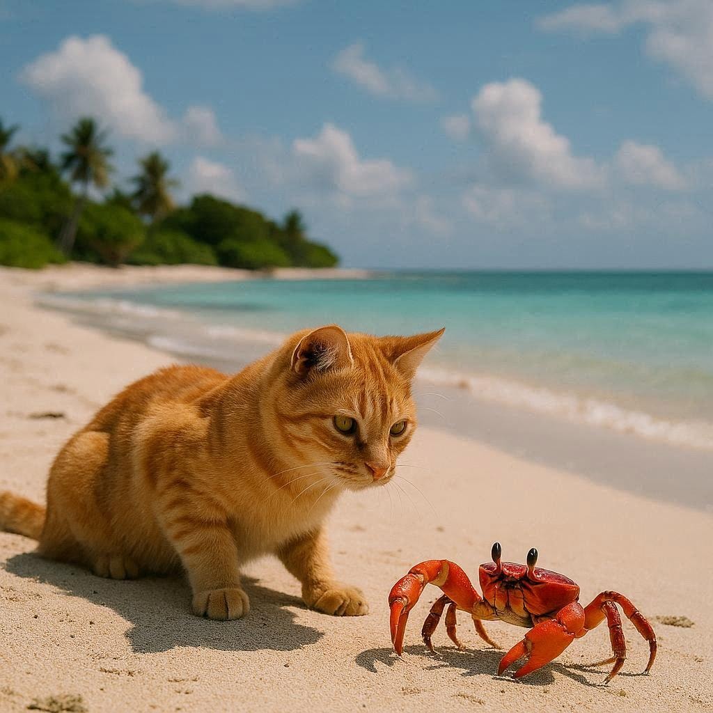 カニと出会う猫