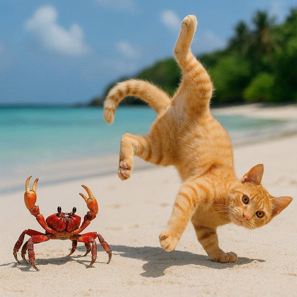 カニと出会う猫