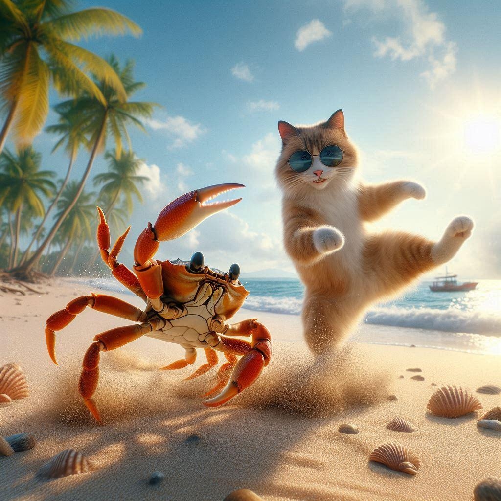 カニと出会う猫