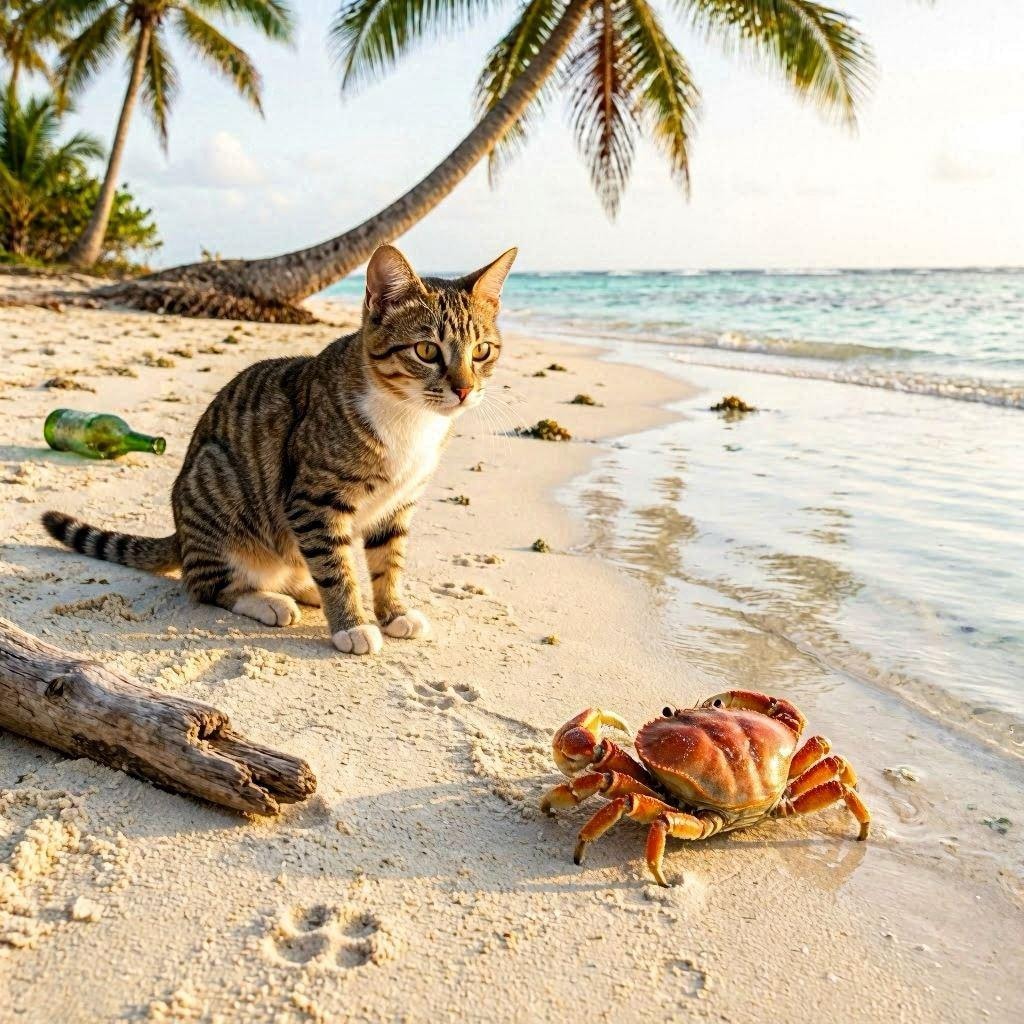 カニと出会う猫