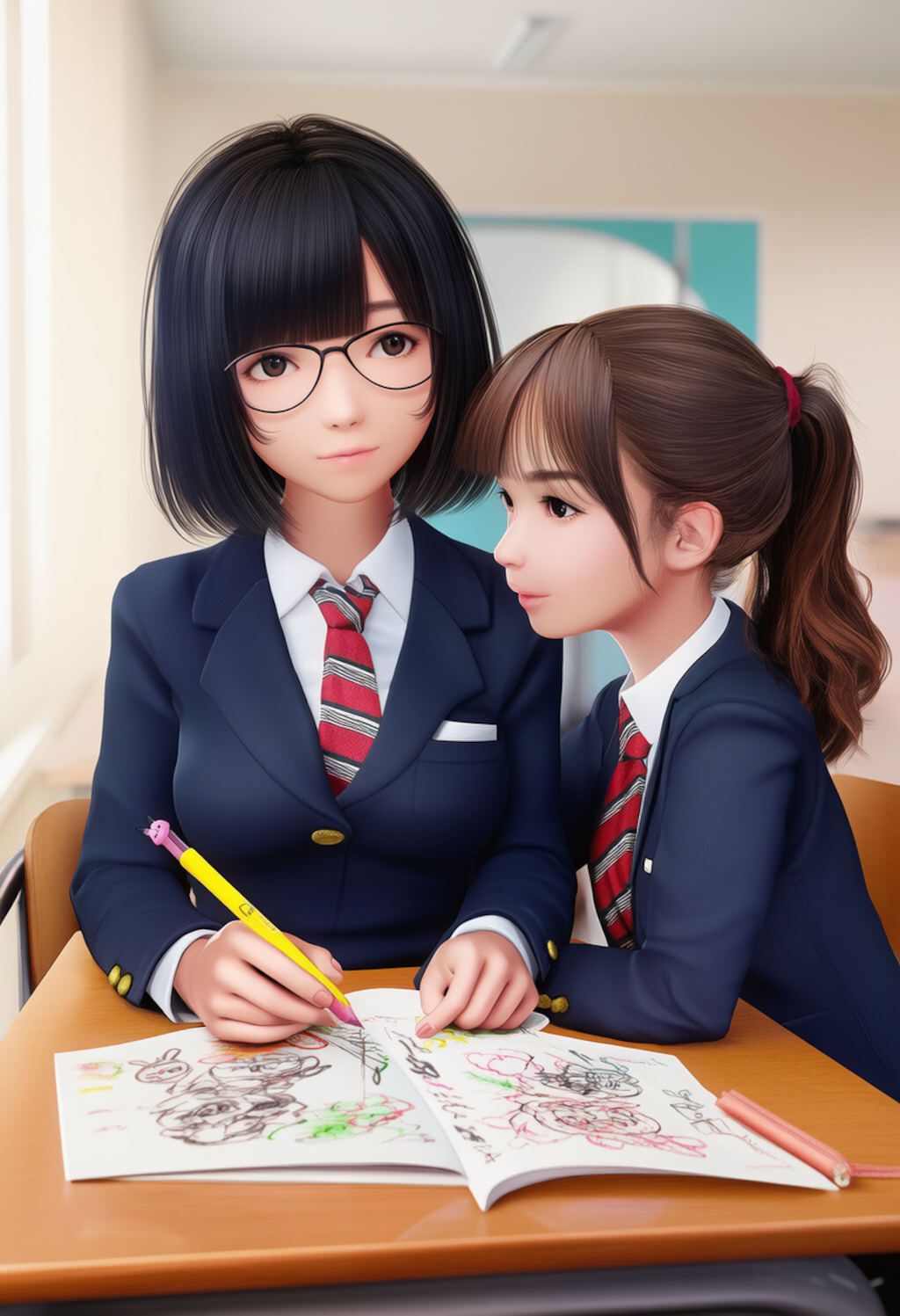 休み時間に絵を描く友人