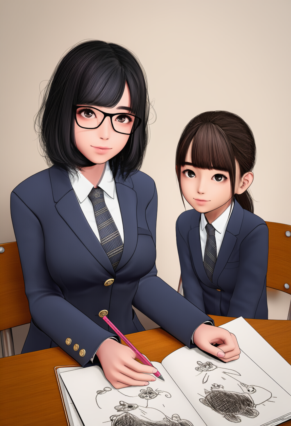 休み時間に絵を描く友人