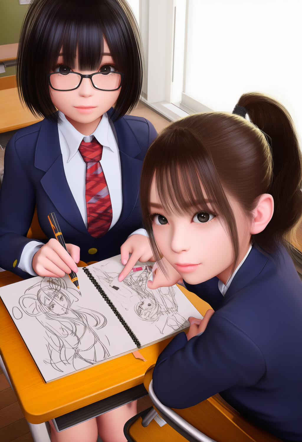 休み時間に絵を描く友人