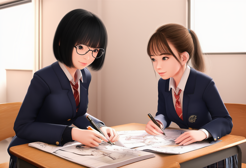 休み時間に絵を描く友人