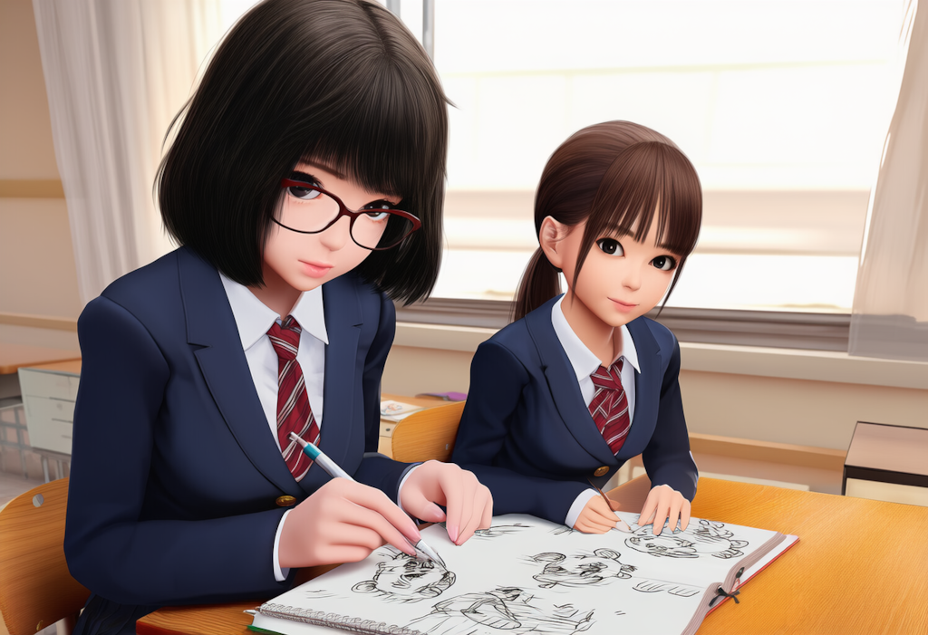 休み時間に絵を描く友人