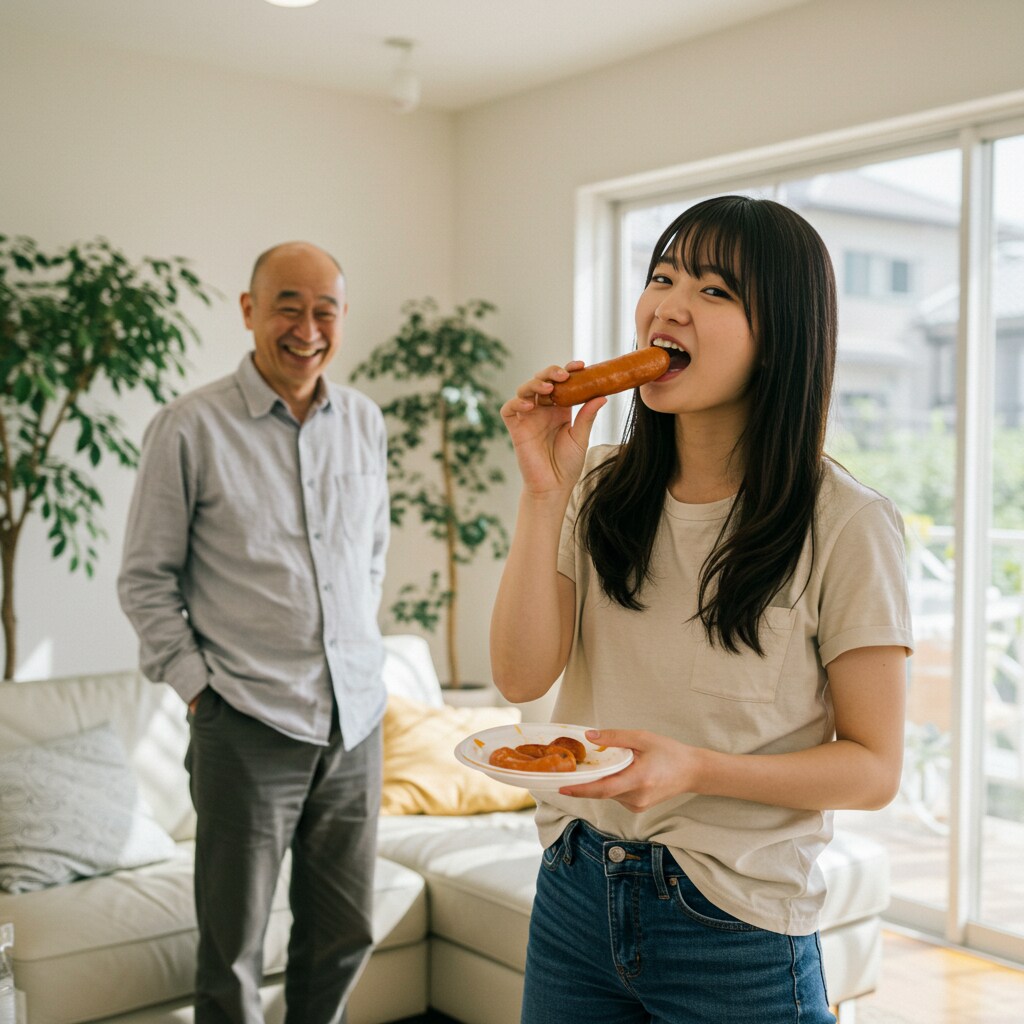 食べる女の子を見守るおじさん