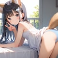 【リクエスト×２】狐っ娘長髪〇リJ〇ちゃんが白ワンピースで獣っぽいポーズ＆パンツ見せ（水色） 3枚目