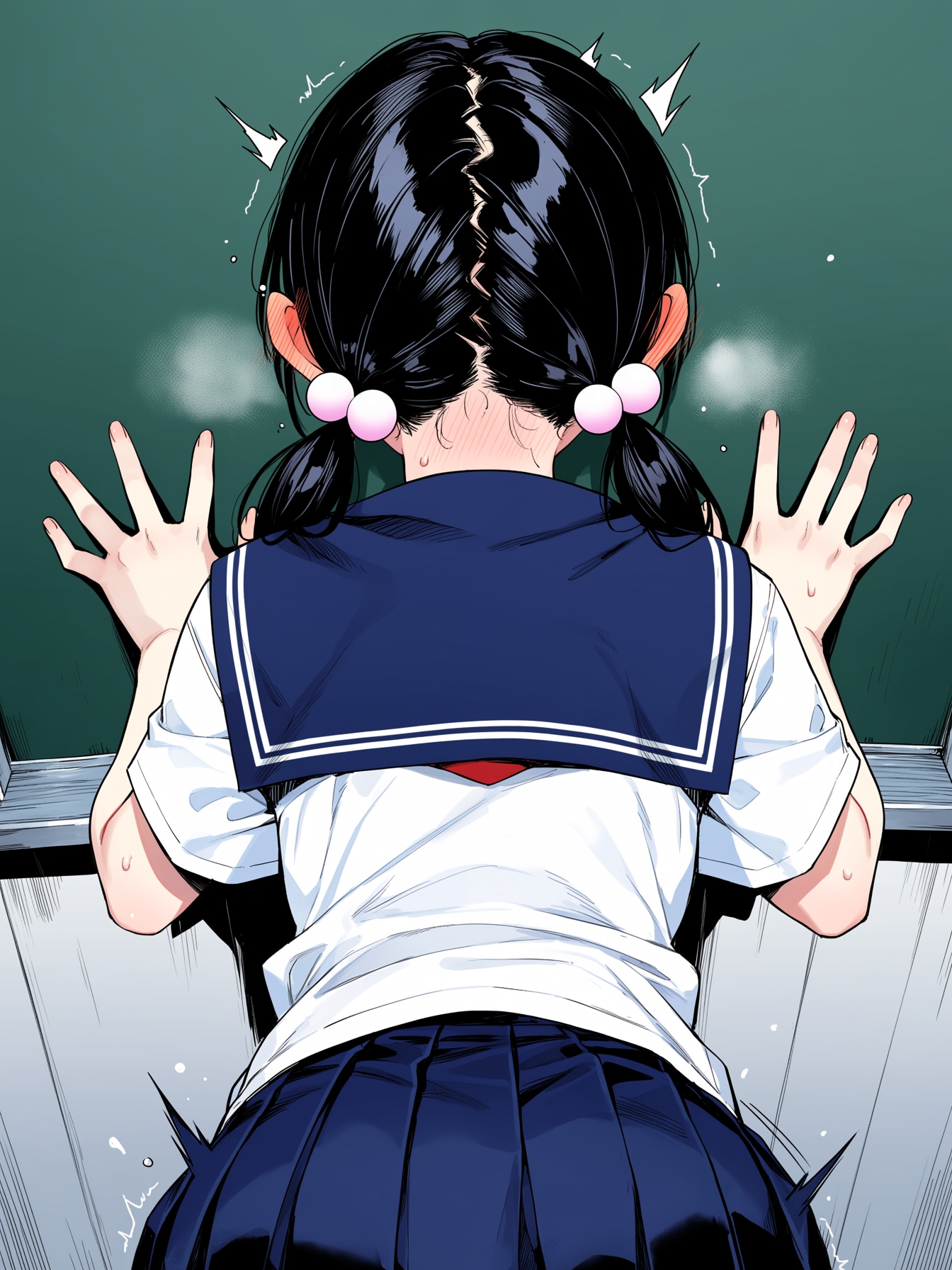 黒板に手をついているだけ