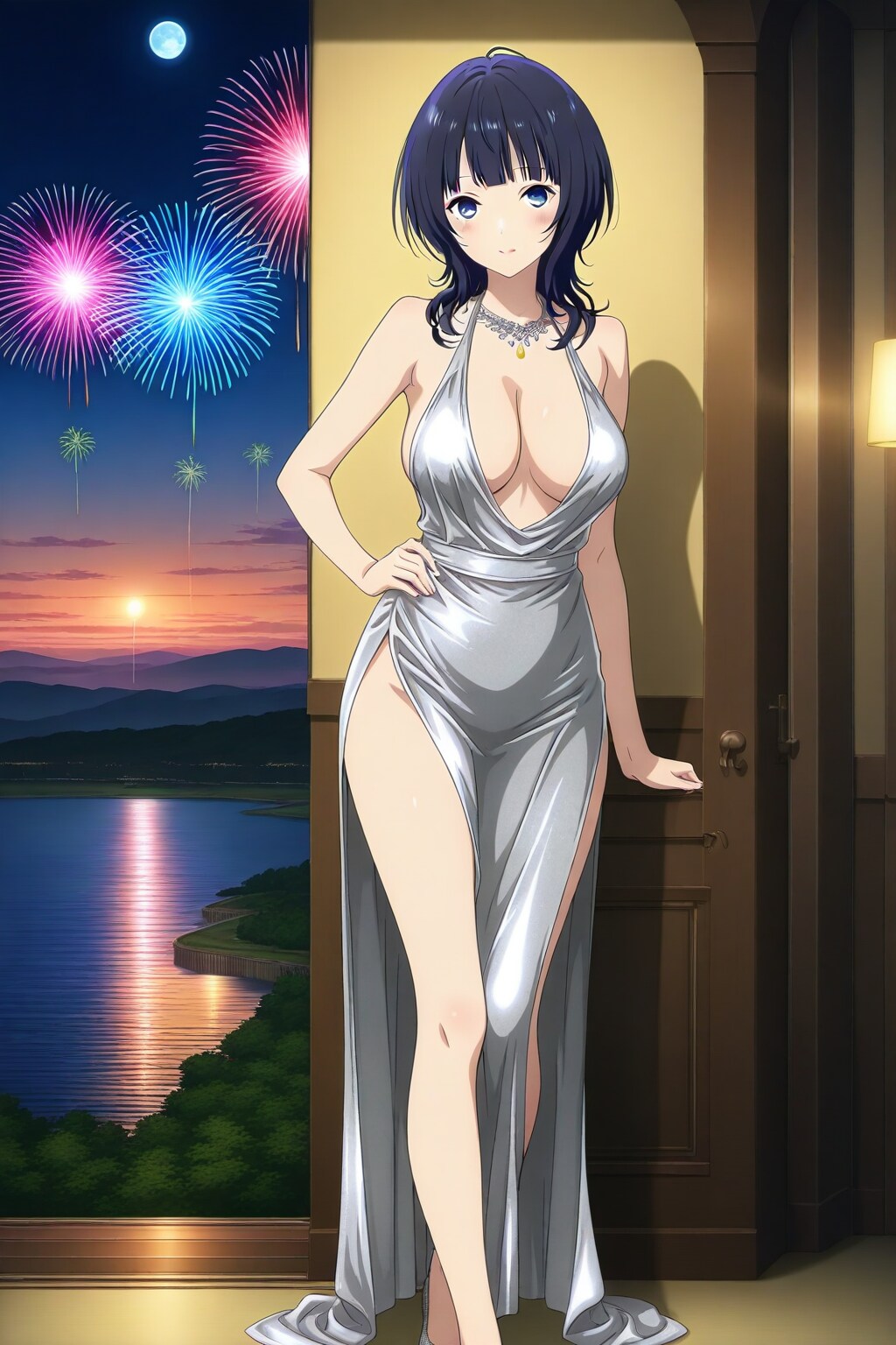 イブニングドレスの果林さんと湖畔の花火