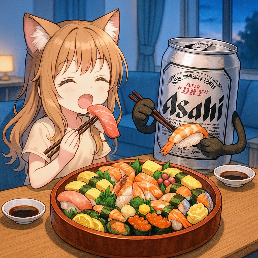 出前寿司を食べる小さな女の子