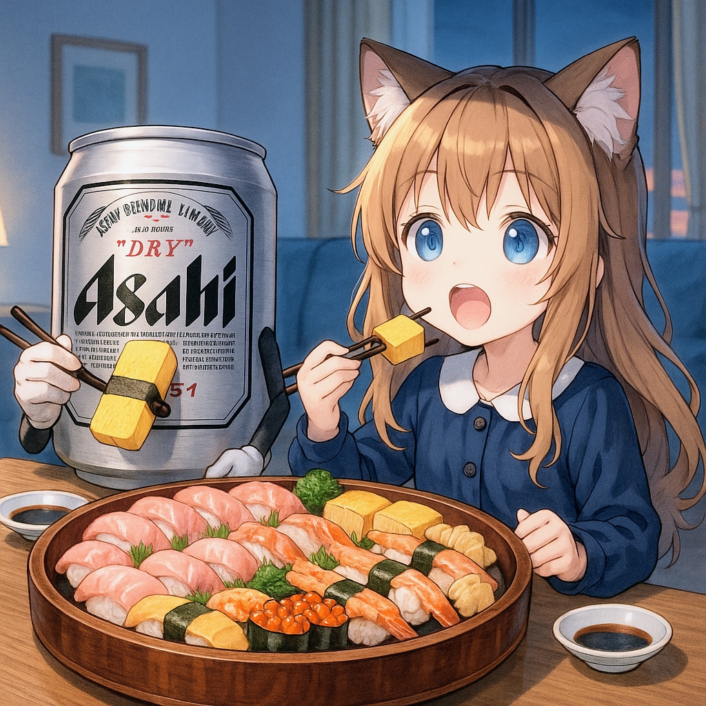 出前寿司を食べる小さな女の子