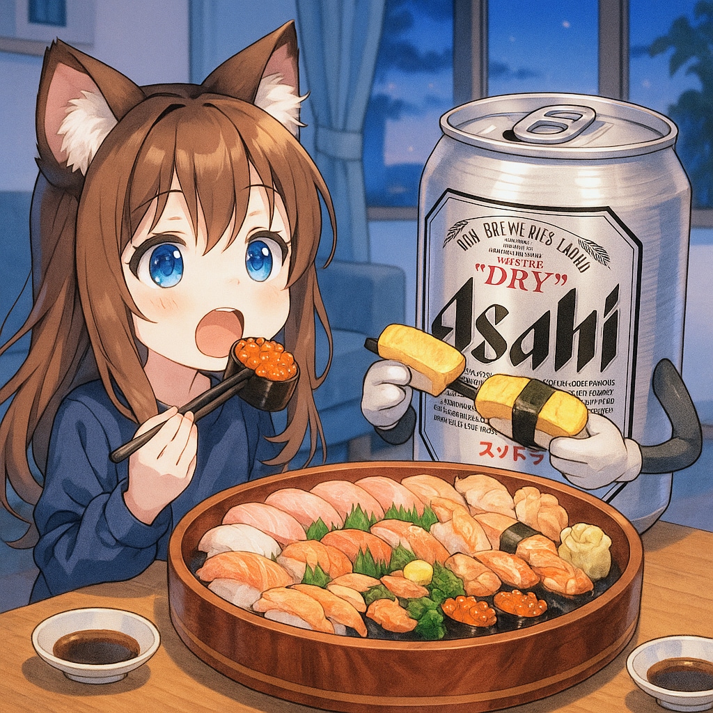 出前寿司を食べる小さな女の子