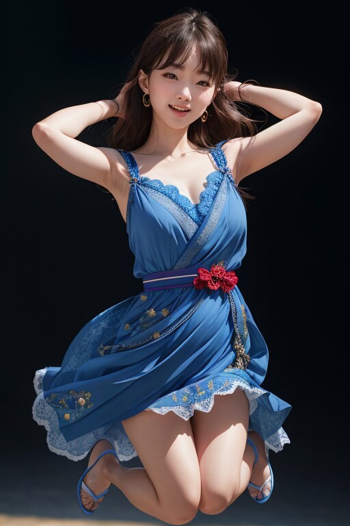 ジャンプする青いドレスの美女