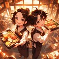 年末居酒屋で働くちびキャラの少女と少年 2枚目