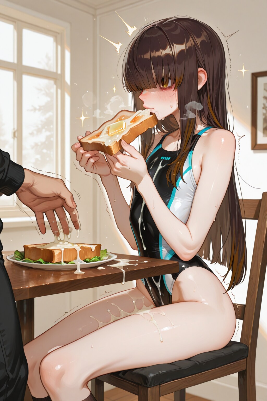 粘りのある物質を食べる競泳水着の少女
