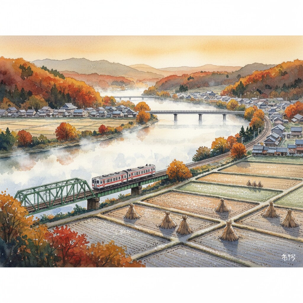 ローカル線が走る晩秋の田舎町(浮世絵)(2)