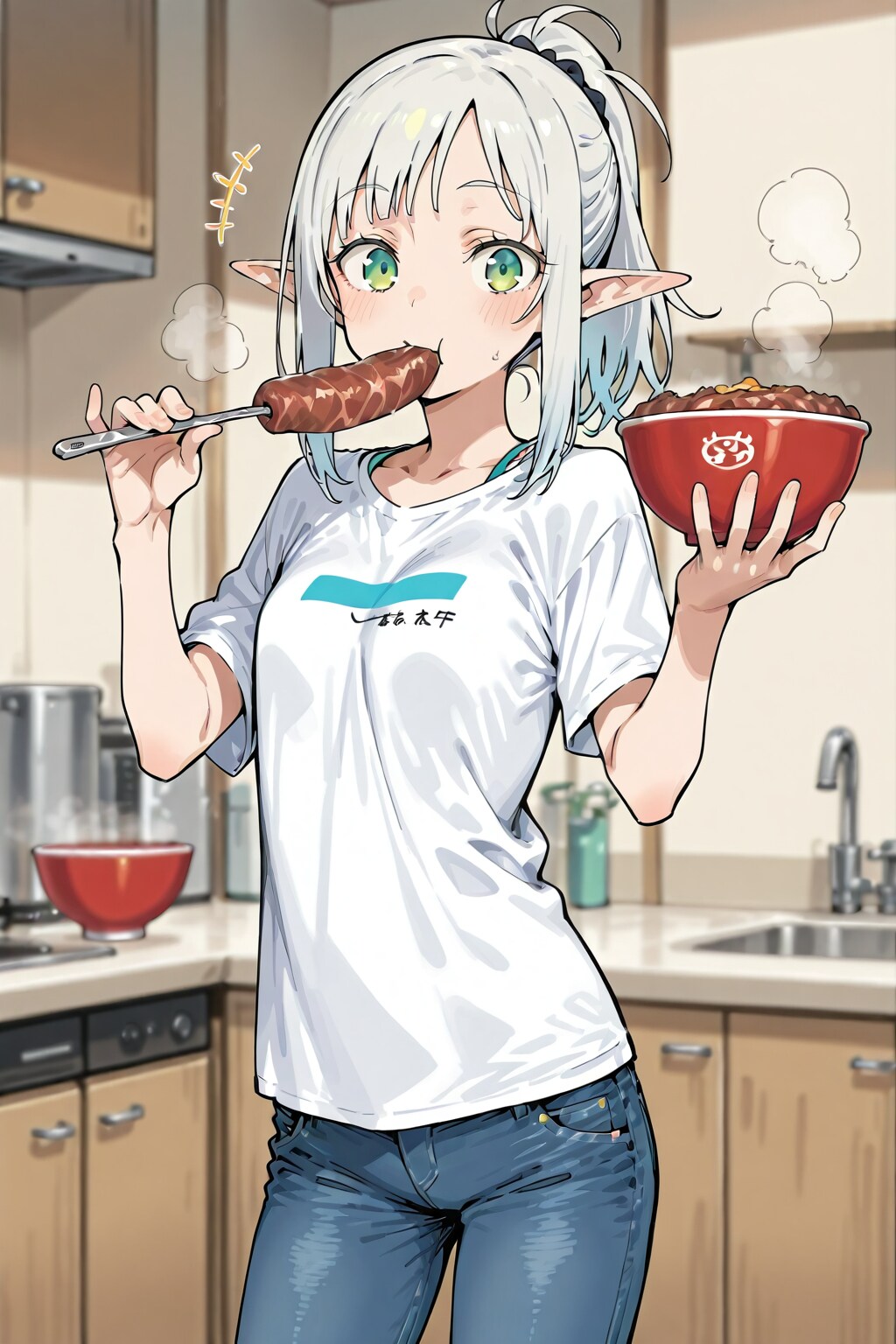 塊肉牛丼を食べる銀髪エルフの女の子