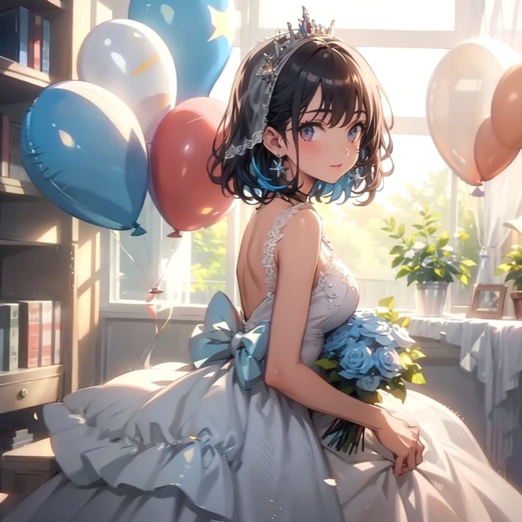 いっぱい色とりどりの風船を持つウェディングドレス着た美女