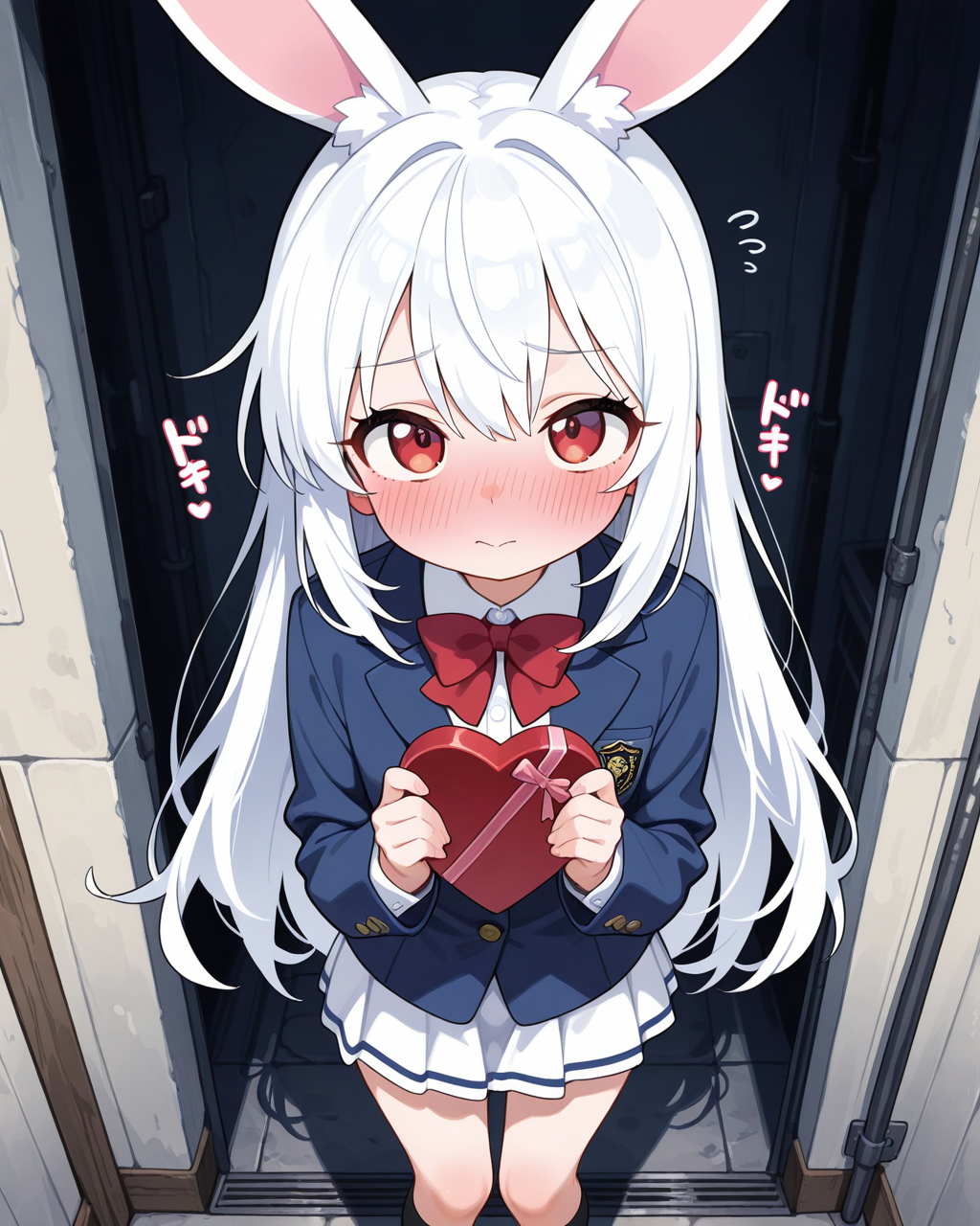 と・・・友チョコ交換です・・・。（みみちゃんを前に緊張しているうさぎ）