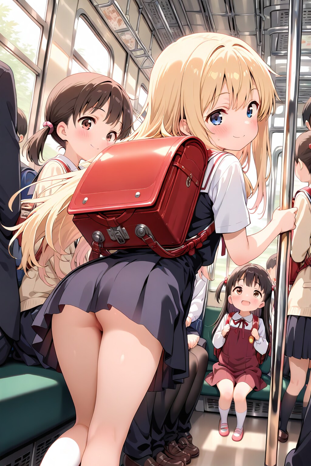 いつもの通学風景。だいじょうぶよ！履いてるんだから！