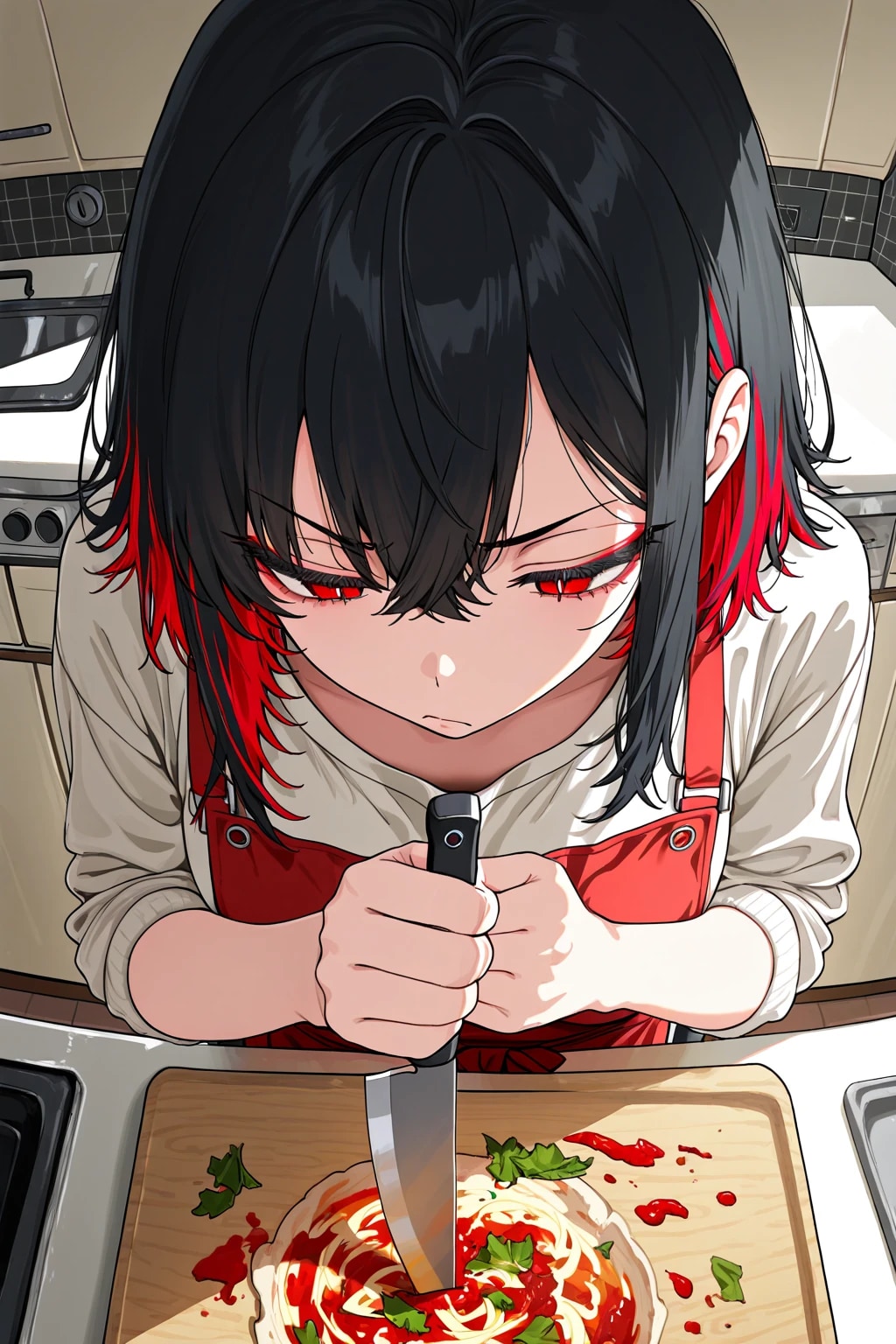 彼女は料理を真剣に作っています