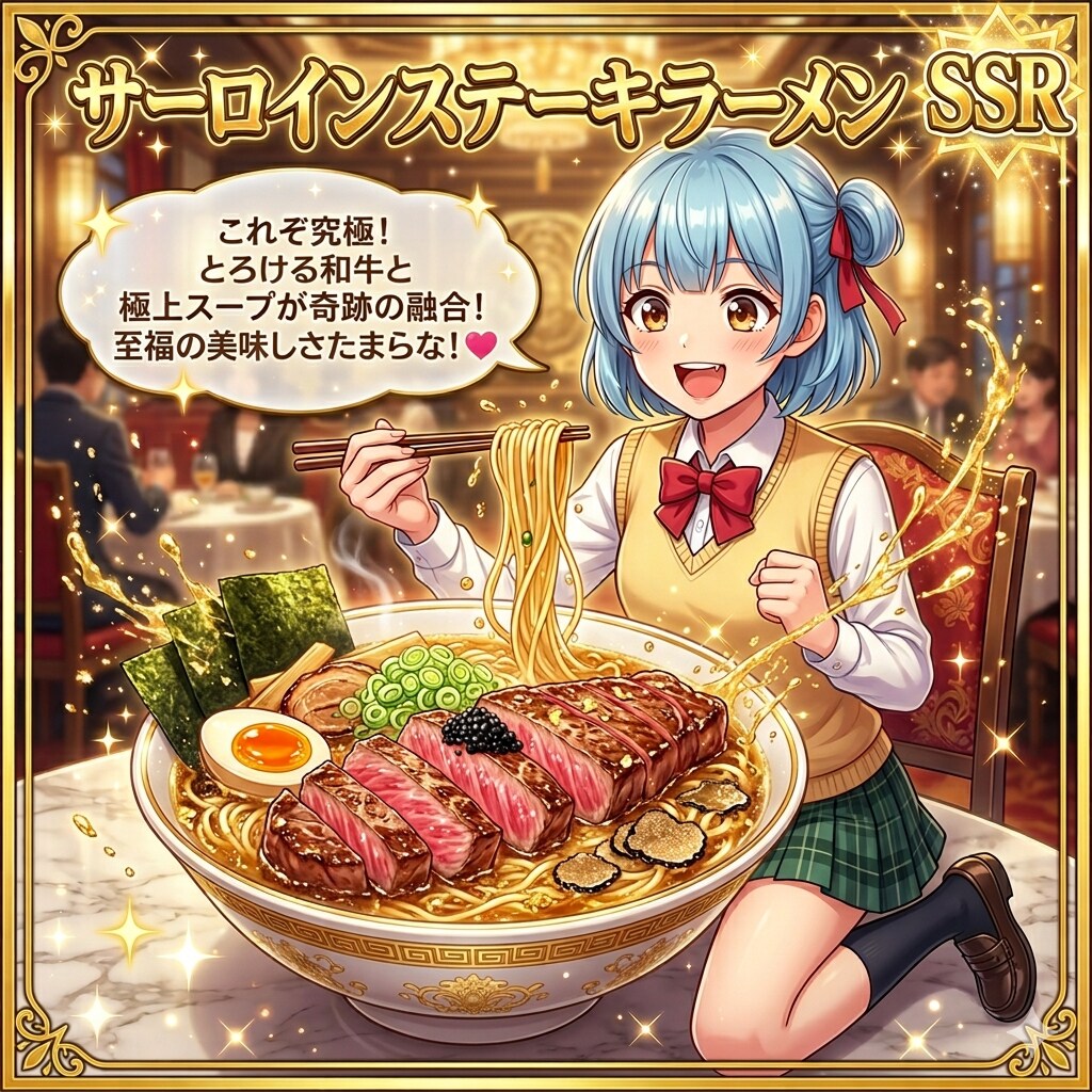 SSRサーロインステーキラーメンを食レポするウズリポちゃん | の人気AIイラスト・グラビア